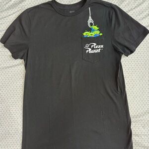 Black Pizza Planet with Aliens Pocket Shirt Woman’s Small